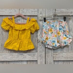 Dash of Glitter Yellow Eyelet Top and Floral Ruffle Shorts Set